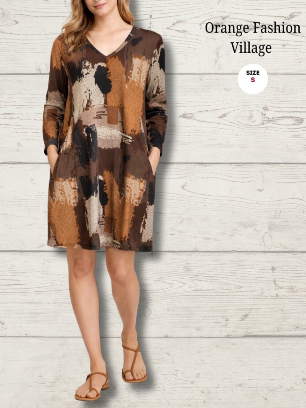 Orange Fashion Village Printed Dress | Size Small | Pockets | Long Sleeve